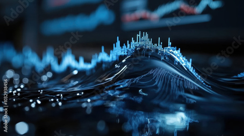 Crystal clear water wave reflecting market data graph, showcasing dynamic trends