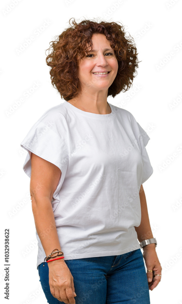 Beautiful middle ager senior woman wearing white t-shirt over isolated background with a happy and cool smile on face. Lucky person. Beautiful middle ager senior woman wearing white t-shirt over isolated background with a happy and cool smile on face. Lucky person.