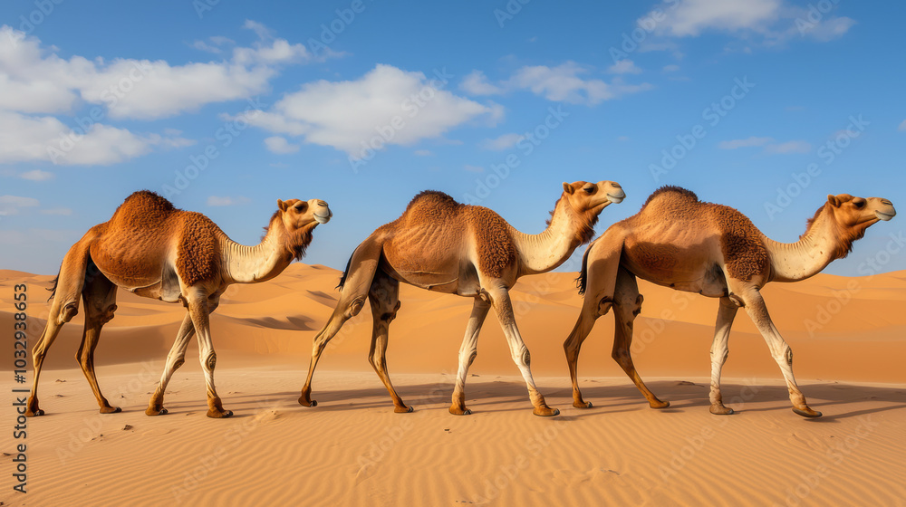 Desert adapted camels traveling across endless sand dunes under bright sky