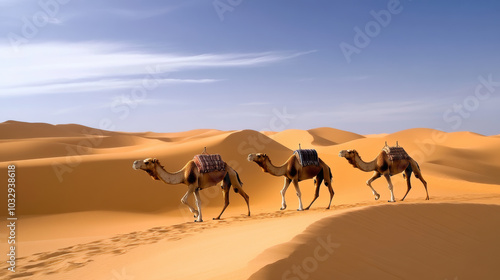 Traveling camels in vast desert landscape under clear blue sky