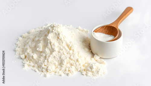 Pile of bovine colostrum powder with wooden spoon and white container on white background. Colostrum benefits for immune system and gut health concept isolated with white highlights, png