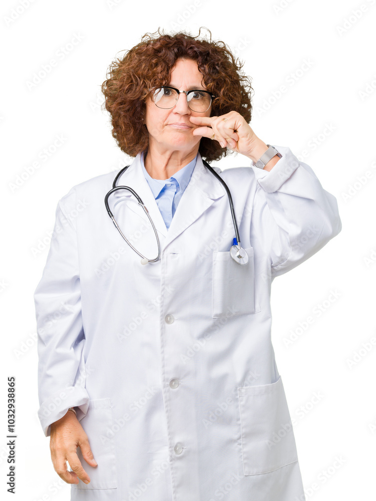 Middle ager senior doctor woman over isolated background mouth and lips shut as zip with fingers. Secret and silent, taboo talking Middle ager senior doctor woman over isolated background mouth and lips shut as zip with fingers. Secret and silent, taboo talking