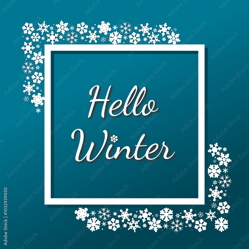 Fototapeta premium hello winter template. card with winter typography on gradient background with snowflakes. cute vector illustration in contrasting white and blue. for backdrop, banner, greeting, invitation, poster