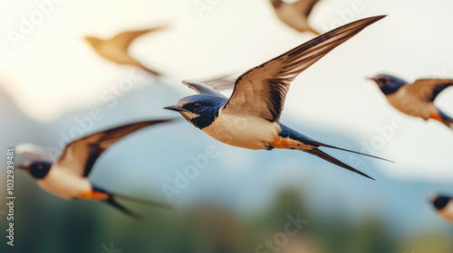 Flock of swallows flying gracefully across serene mountain range