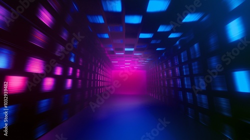 Vibrant neon tunnel with futuristic multicolored light panels in motion.