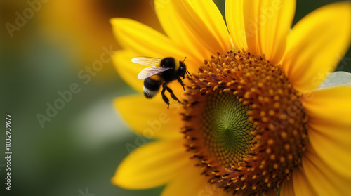 Bumblebee is approaching a sunflower to collect pollen