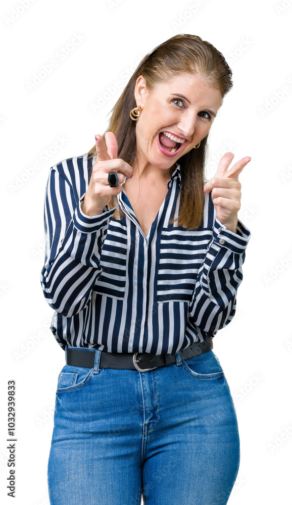 Middle age mature business woman over isolated background pointing fingers to camera with happy and funny face. Good energy and vibes. Middle age mature business woman over isolated background pointing fingers to camera with happy and funny face. Good energy and vibes.