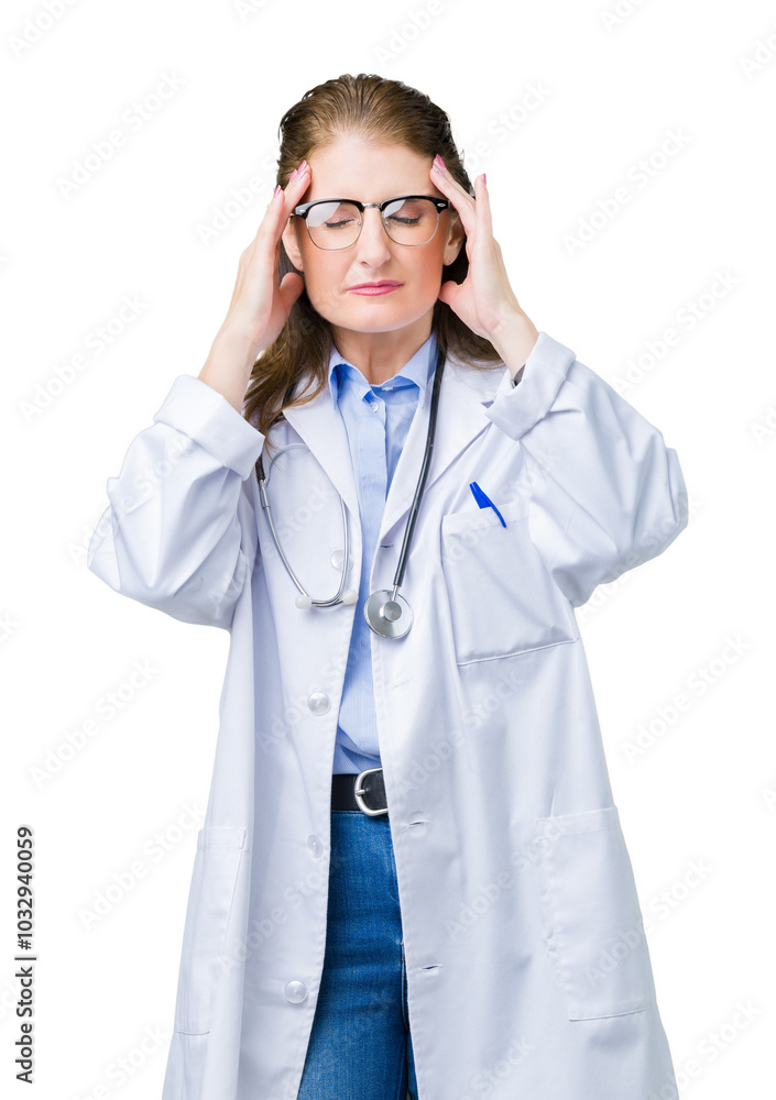 Middle age mature doctor woman wearing medical coat over isolated background with hand on head for pain in head because stress. Suffering migraine. Middle age mature doctor woman wearing medical coat over isolated background with hand on head for pain in head because stress. Suffering migraine.