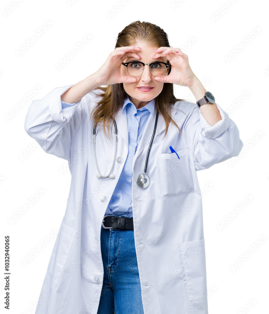Middle age mature doctor woman wearing medical coat over isolated background Trying to open eyes with fingers, sleepy and tired for morning fatigue Middle age mature doctor woman wearing medical coat over isolated background Trying to open eyes with fingers, sleepy and tired for morning fatigue