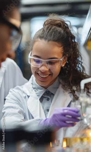 focused female scientist in glasses and purple gloves holds up test tube with biotech sample liquid, biotechnology experiment in laboratory environment