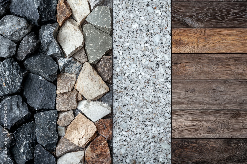 Fototapeta premium Variety of natural stones and wooden planks arranged in a geometric pattern for design and construction use