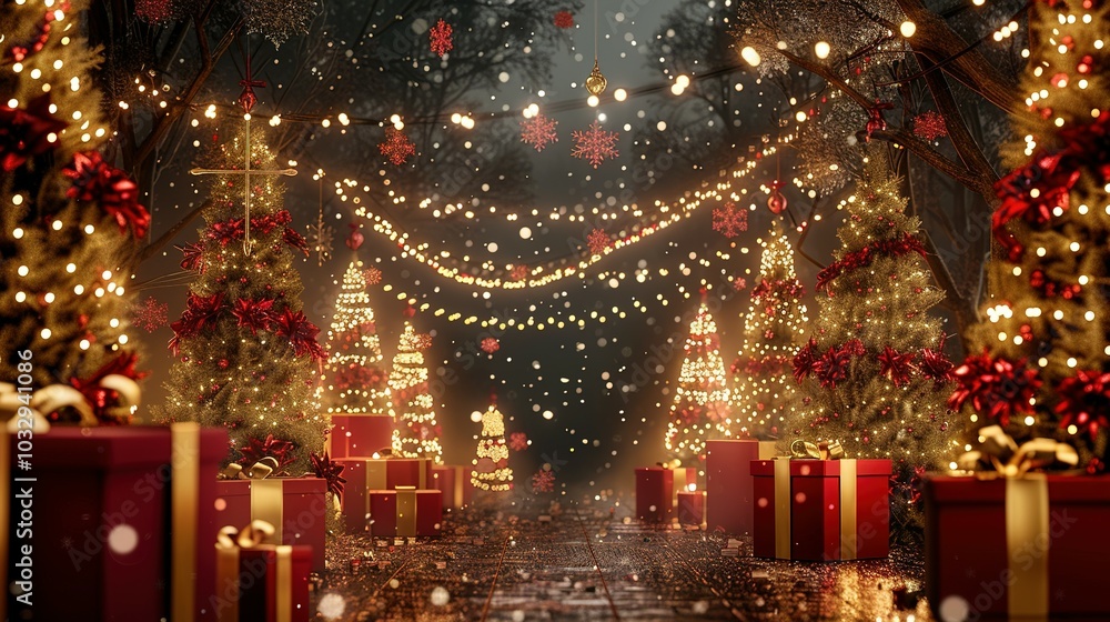 Obraz premium Christmas trees adorned with lights and ornaments, surrounded by presents on a snowy night