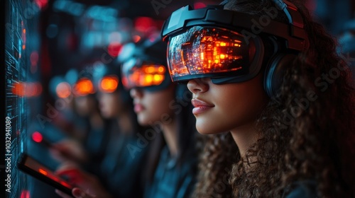 A group of people wearing VR headsets and looking at a screen.