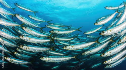 Massive swarm of sardines swimming in unison through ocean depths