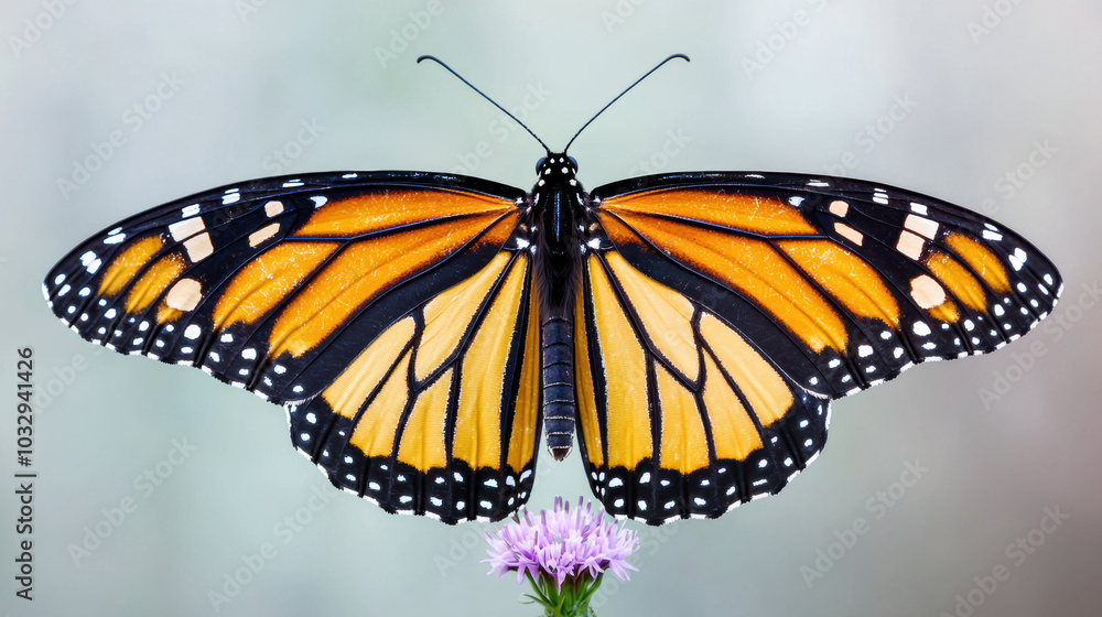 Fototapeta premium Monarch butterfly landing on flower, showcasing vibrant colors and beauty