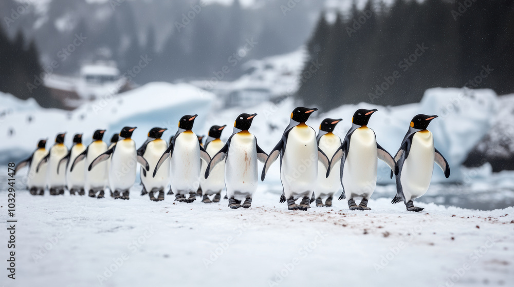 Obraz premium Marching penguins on snowy landscape create stunning scene of unity and grace