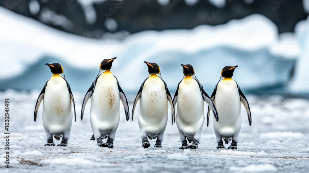 Obraz premium Marching penguins across frozen terrain evoke sense of unity and resilience