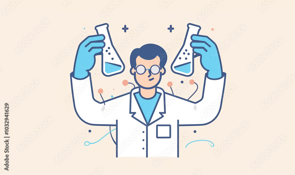 cartoon scientist with flasks performing chemical experiments, scientific medical and healthcare research, biology and chemistry background cartoon scientist with flasks performing chemical experiments, scientific medical and healthcare research, biology and chemistry background