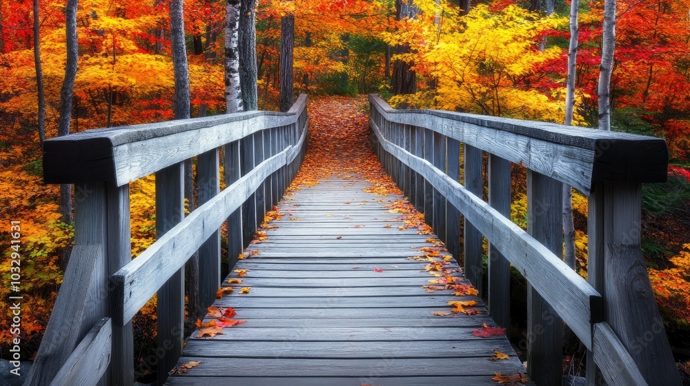 Vibrant Autumn Bridge Through Colorful Foliage Vibrant Autumn Bridge Through Colorful Foliage