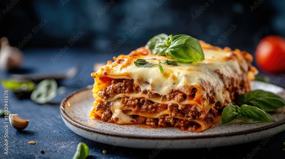 Fototapeta premium Delicious Lasagna with Fresh Basil and Cheese Slice