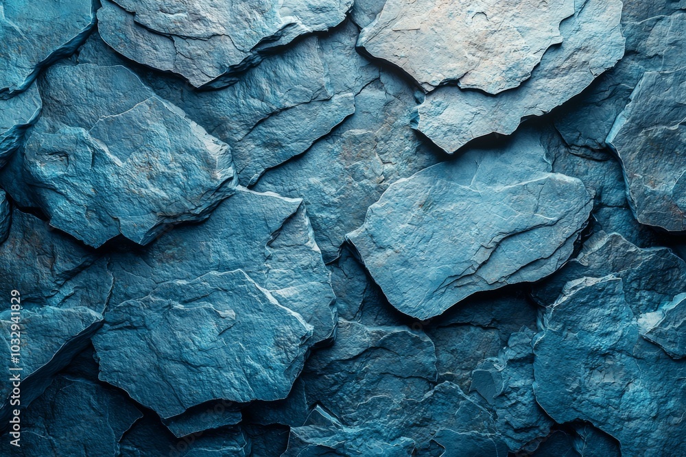 Textured blue slate stone wall with layered rock formations under soft natural light Textured blue slate stone wall with layered rock formations under soft natural light