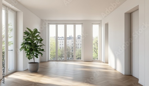 A large open room with a potted plant in the center