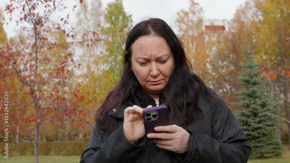 Middle-aged woman in an autumn park, looking concerned while browsing on her smartphone, blending technology with nature Middle-aged woman in an autumn park, looking concerned while browsing on her smartphone, blending technology with nature
