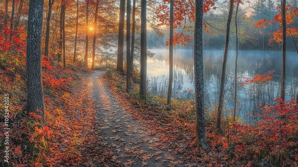 Fototapeta premium Tranquil Autumn Path by a Serene Lake