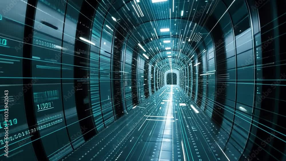 The image depicts a futuristic tunnel filled with vibrant digital data streams, showcasing a dynamic flow of information and technology. This cyber environment suggests rapid advancements. The image depicts a futuristic tunnel filled with vibrant digital data streams, showcasing a dynamic flow of information and technology. This cyber environment suggests rapid advancements.