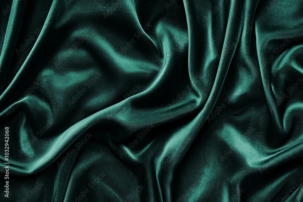 Obraz premium Rich green velvet fabric draped gracefully on a textured surface with soft folds and gleaming sheen