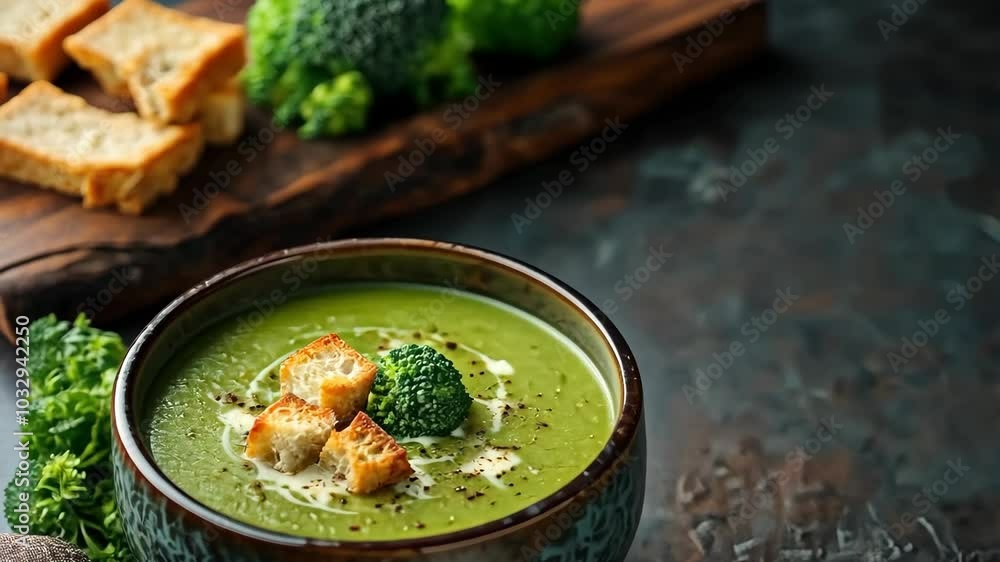 A bowl of broccoli soup with croutons and a side of fresh broccoli on a wooden cutting board A bowl of broccoli soup with croutons and a side of fresh broccoli on a wooden cutting board