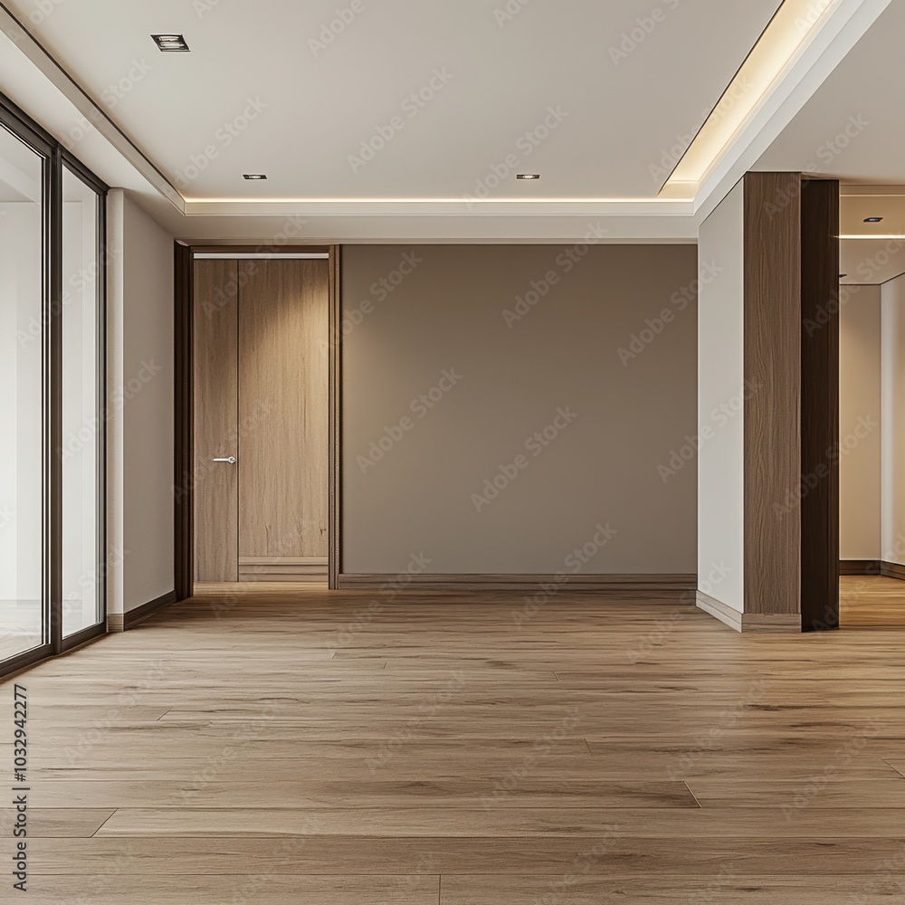 A large empty room with a wooden floor and a door A large empty room with a wooden floor and a door