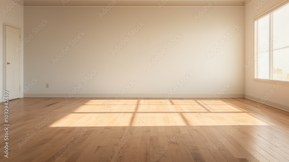 A large empty room with a white wall and wooden floors A large empty room with a white wall and wooden floors