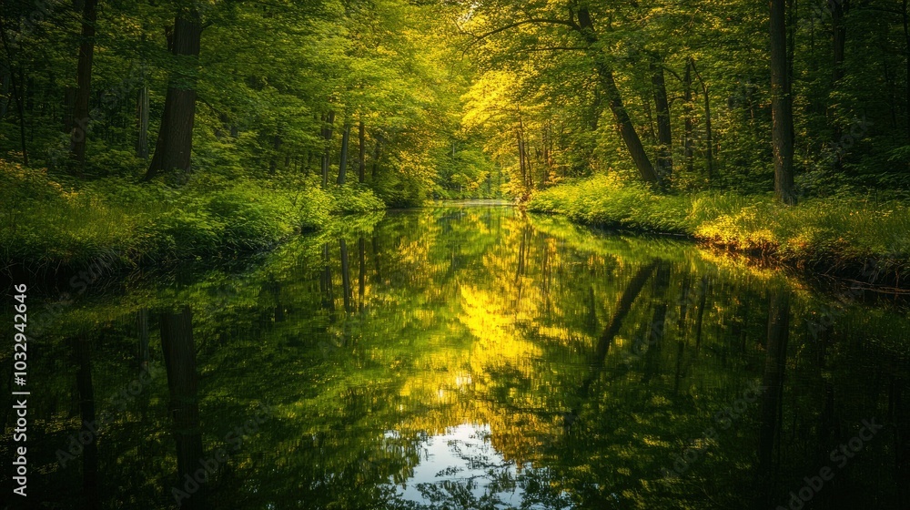 Obraz premium Lush Green Forest with Calm River Reflection