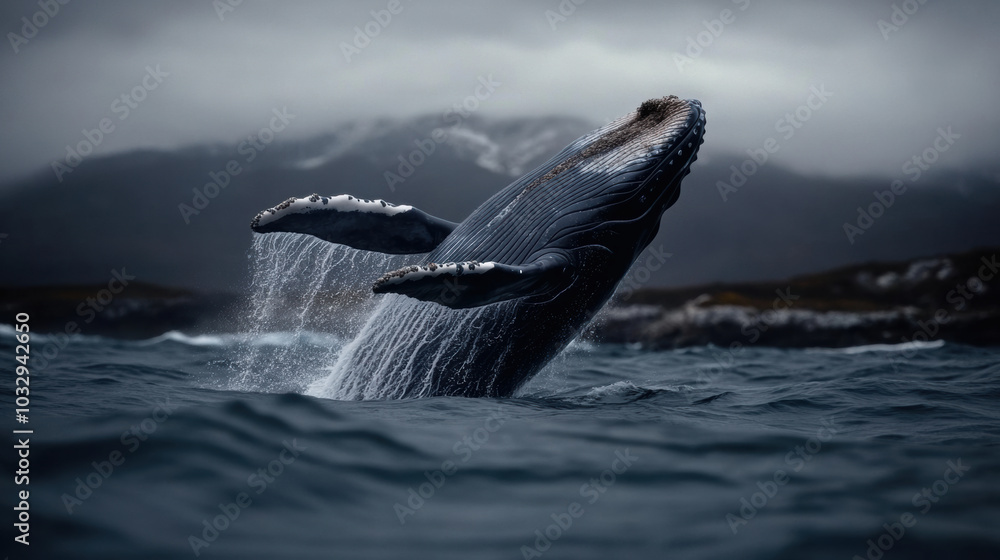 Fototapeta premium Whales breaching near surface, showcasing their majestic beauty and power