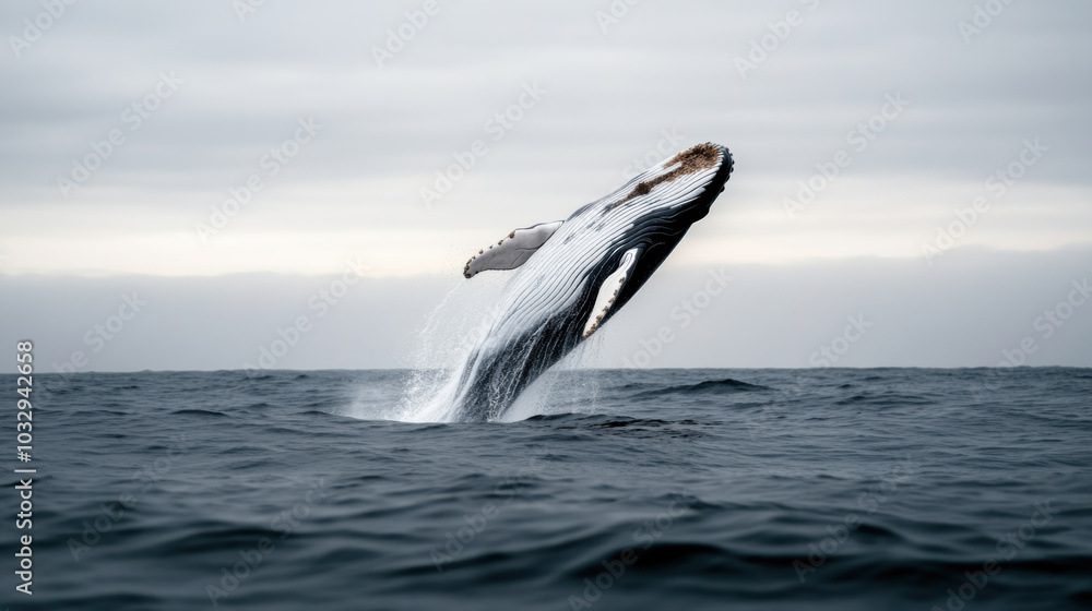 Fototapeta premium Whale breaching near surface in serene ocean setting