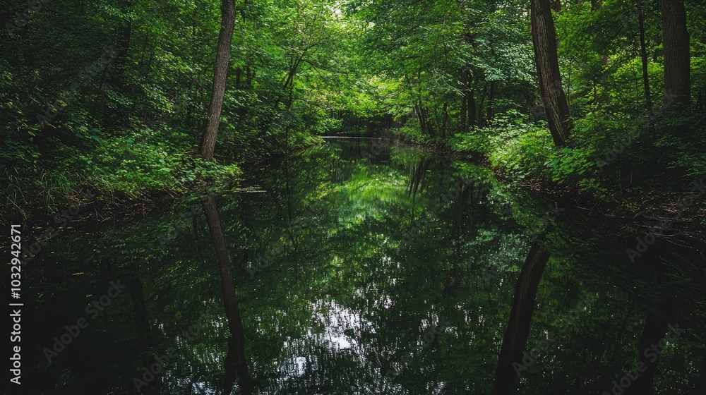 Obraz premium Tranquil Forest Reflection in Calm Water