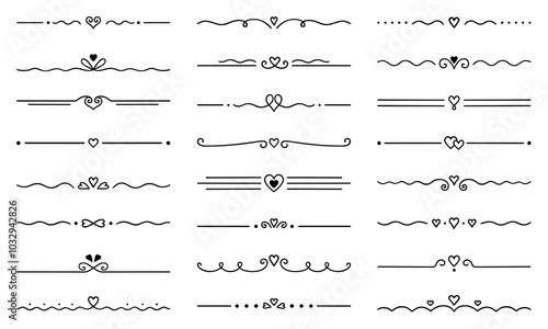Text dividers with hearts doodle set. Wedding decorative elements. Separate ornament, borders, lines. Hand drawn vector illustration isolated on white background