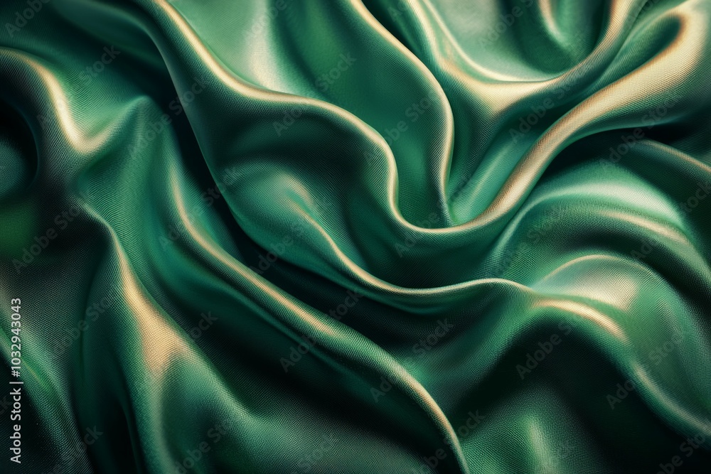 Fototapeta premium Elegant green silk fabric draped gracefully, highlighting smooth textures and soft folds in natural light