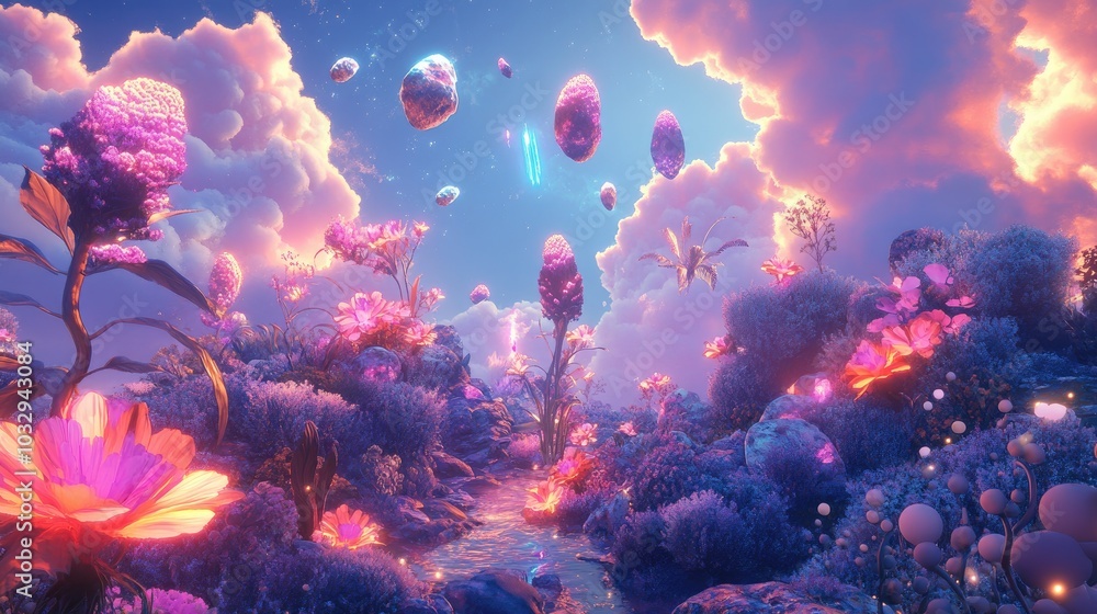 A surreal landscape with colorful clouds, glowing flowers, and floating rocks, creating a fantastical, dreamlike world A surreal landscape with colorful clouds, glowing flowers, and floating rocks, creating a fantastical, dreamlike world