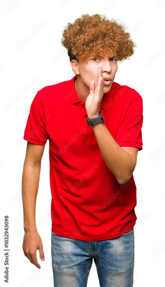 Young handsome man with afro hair wearing red t-shirt hand on mouth telling secret rumor, whispering malicious talk conversation Young handsome man with afro hair wearing red t-shirt hand on mouth telling secret rumor, whispering malicious talk conversation
