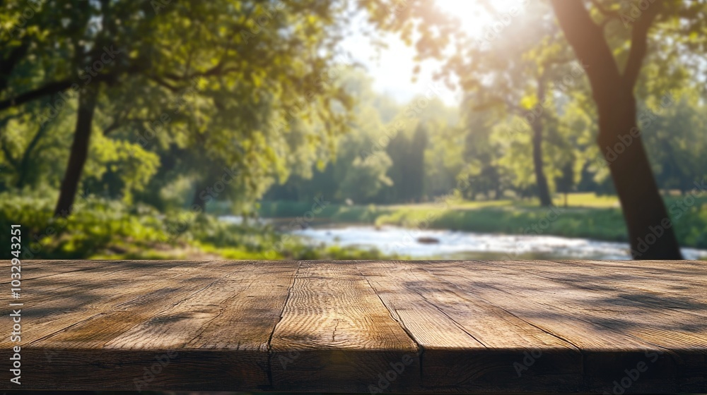 Serene Nature Scene with Wooden Tabletop View Serene Nature Scene with Wooden Tabletop View