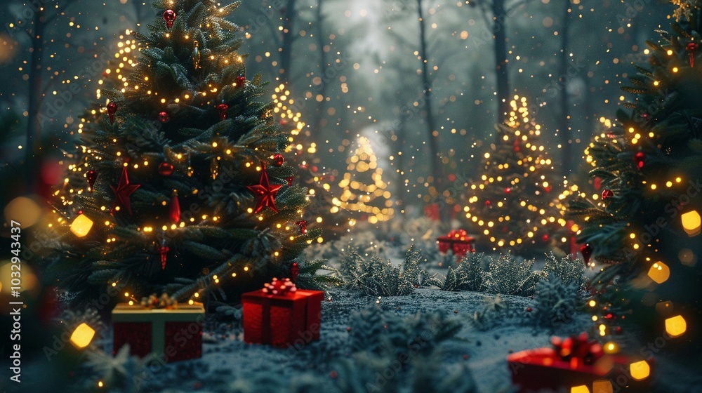 Illuminated Christmas Trees in a Snowy Forest Illuminated Christmas Trees in a Snowy Forest