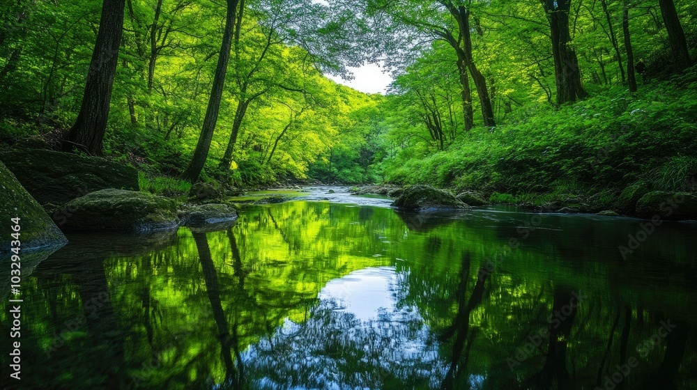 Serene Green Forest Reflection by Tranquil Stream Serene Green Forest Reflection by Tranquil Stream
