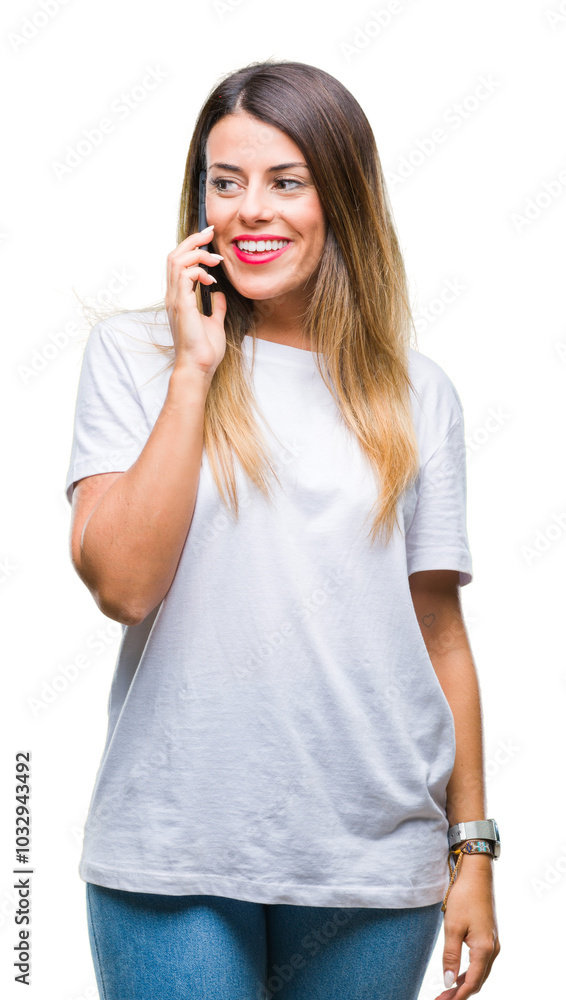 Fototapeta premium Young beautiful woman speaking calling using smartphone over isolated background with a happy face standing and smiling with a confident smile showing teeth