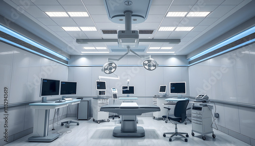 Establishing Shot of Technologically Advanced Operating Room with No People, Ready for Surgery. Real Modern Operating TheaterWith Working equipment,  Lights and Computers Ready for Surgeons isolated photo