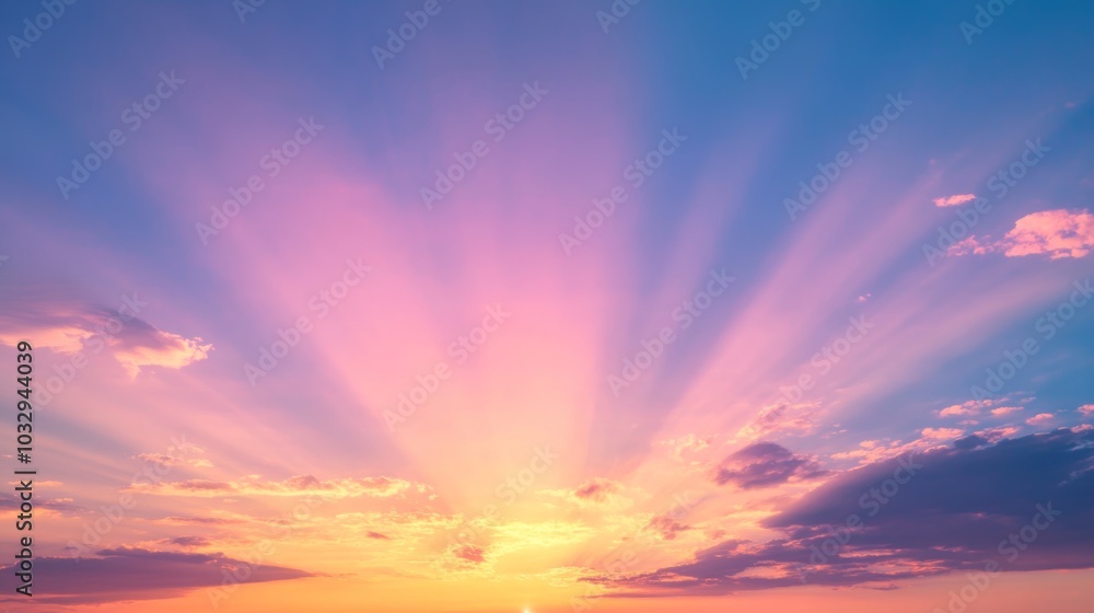 Fototapeta premium Sunset sky with vibrant colors and sun rays, serene nature view. Tranquility and beauty concept