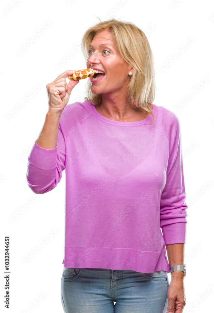 Middle age blonde woman eating sweet waffle over isolated background with a confident expression on smart face thinking serious Middle age blonde woman eating sweet waffle over isolated background with a confident expression on smart face thinking serious