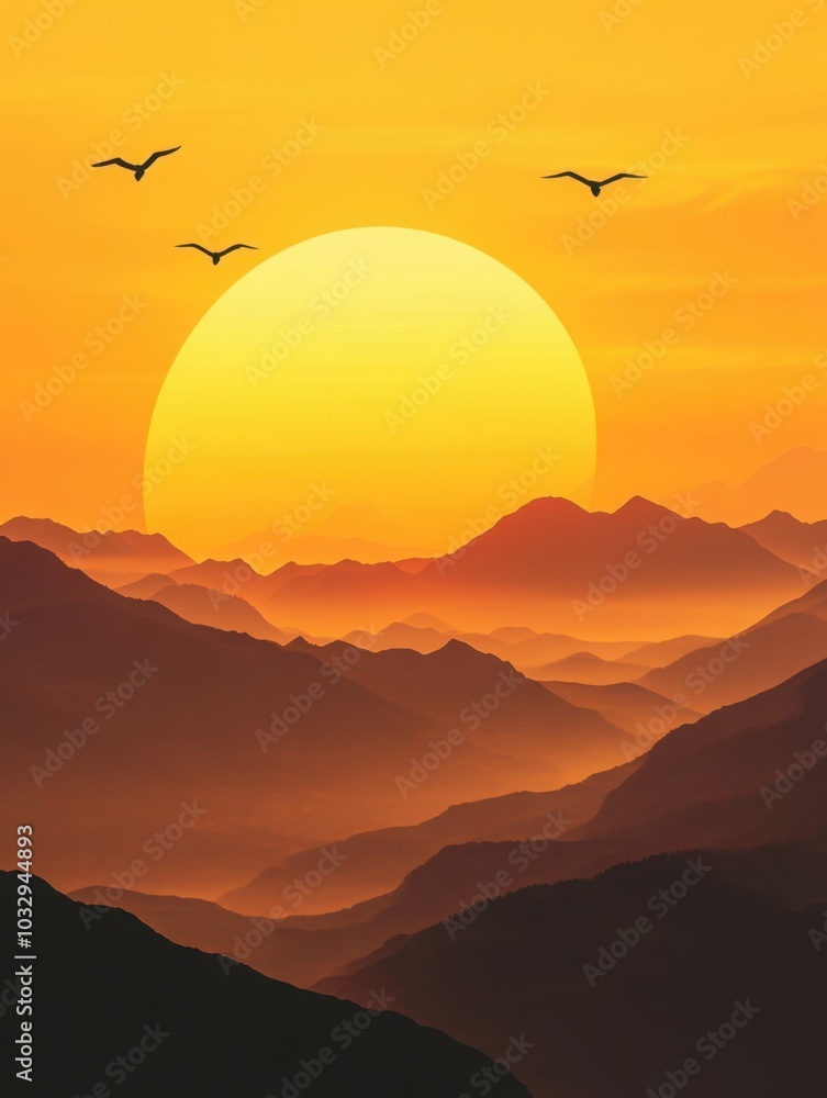 Fototapeta premium Sunset Serenade: High-Def Photography of Mountains and Skies with Soaring Birds