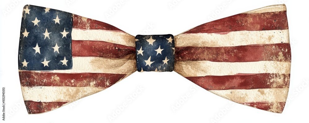 Fototapeta premium A transparent background bow tie clipart featuring an artistic American flag motif, soft watercolor textures with high-definition detail